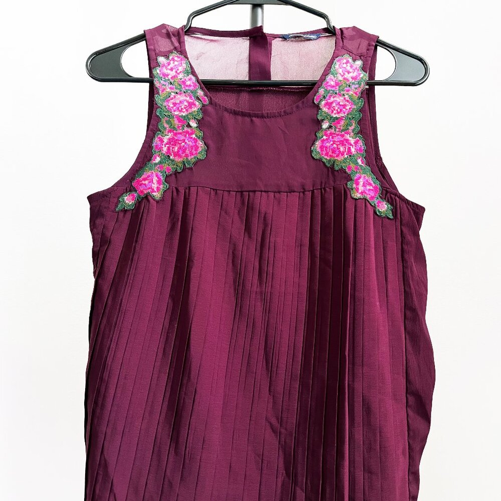 AEO Purple Pleated Blouse with Rose Appliqué